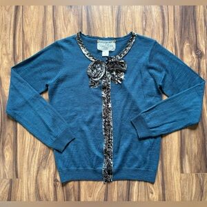 Nick & Mo Cardigan Sweater M‎ Blue Animal Print Bow Embellished Knit